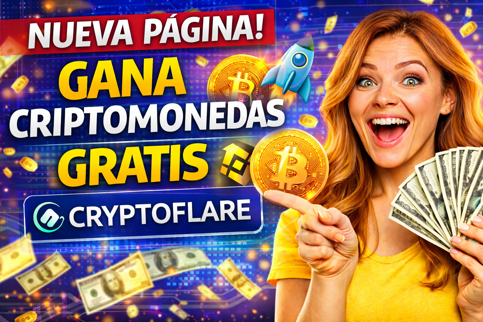 Mujer emocionada con criptomonedas gratis